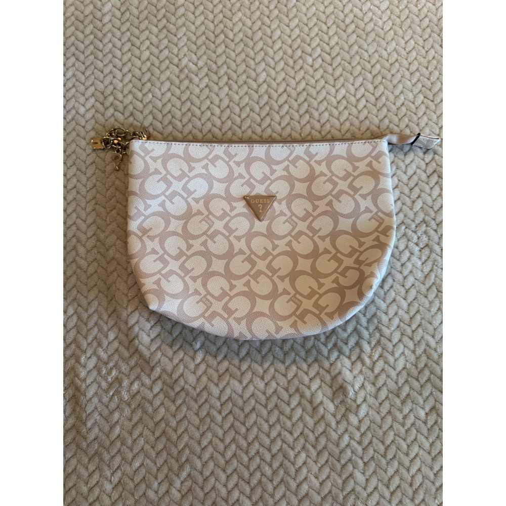 Guess Monogram Logo Pouch Cream Tan Gold Tone Logo Charm Zippered Clutch Bag